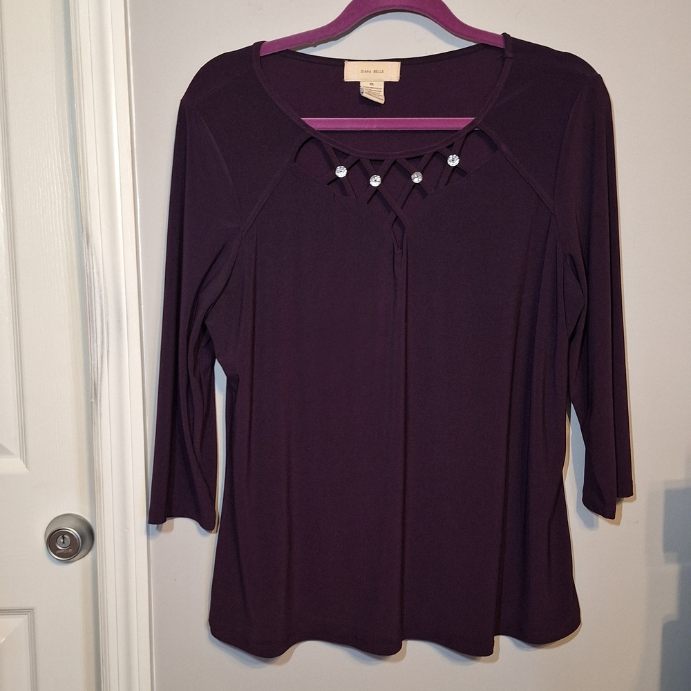 Diana Belle Rich Plum Sccop Neck 3/4 Sleeve Top with Decorative Neckline